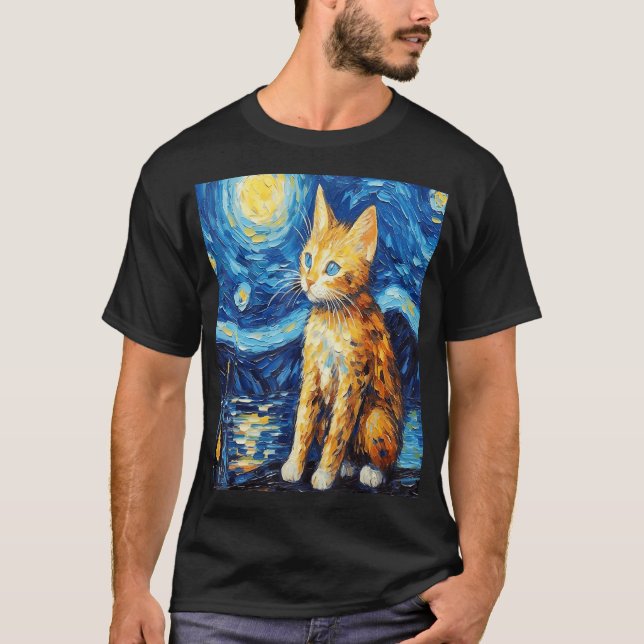Kattkonsmålning Kat Lover Starry Natt Cat T Shirt (Framsida)