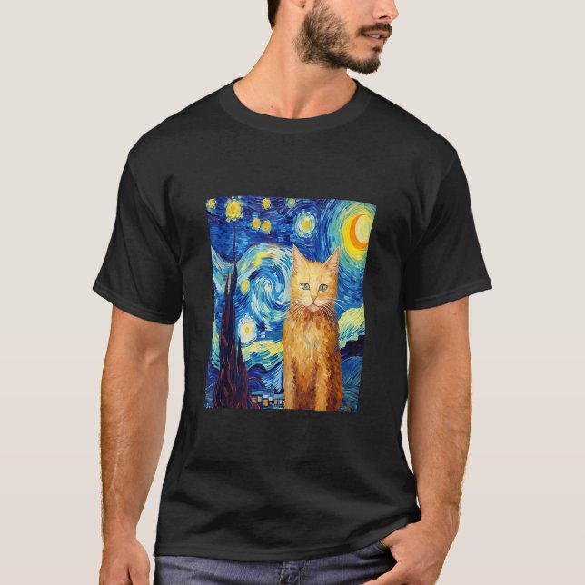 Kattkonsmålning Kat Lover Starry Natt Cat T Shirt (Framsida)