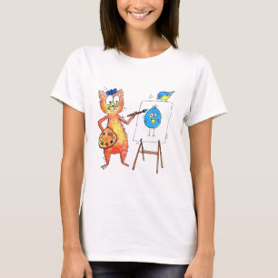 Kattkonst som målar ett fåglar t shirt
