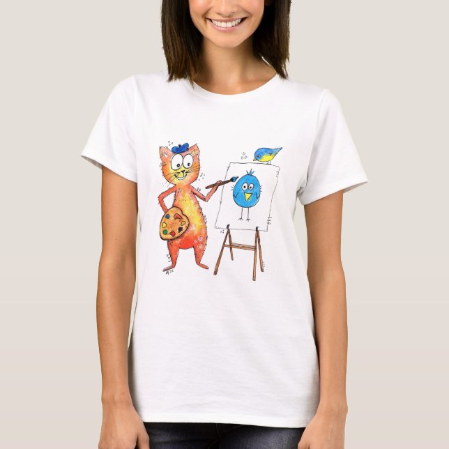 Kattkonst som målar ett fåglar t shirt (Framsida)