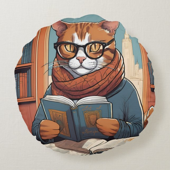 Kattkudde. Cute Cat läser en bok. Rund Kudde (Baksidan)