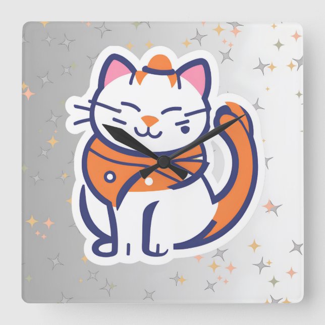 Kattlås med mycket lycklig, vitt och rosa tuxedo fyrkantig klocka (Framsida)