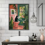 Kattläsning - Coola Bathroom Poster<br><div class="desc">Lägg till lite missdåd i badrumets konstvägg med den här moderna, vismatiska utskriften! Med en sofistikerad svart katt som plötsligt kommer på nyheterna när den går på en rosa toalett, för biet humor och charm till vilket rum som helst. Den fet penselpenselpenseln, lush grey och lekfull palett i färg skapar...</div>