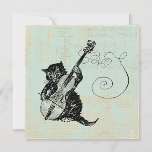 Kattledigande Violin Teal Music Cat Illustration Inbjudningar