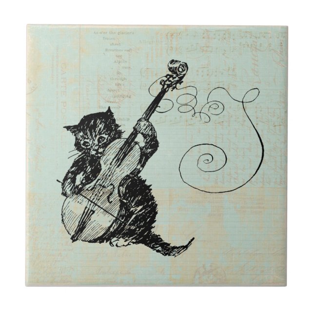 Kattledigande Violin Teal Music Cat Illustration Kakelplatta (Framsidan)