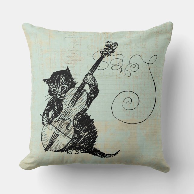 Kattledigande Violin Teal Music Cat Illustration Kudde (Framsida)