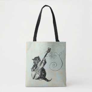 Kattledigande Violin Teal Music Cat Illustration Tygkasse