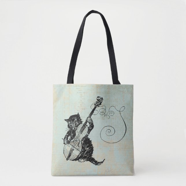 Kattledigande Violin Teal Music Cat Illustration Tygkasse (Framsida)