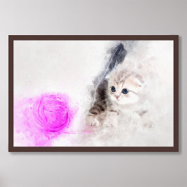 Kattlekar med rosa boll vattenfärg fototryck