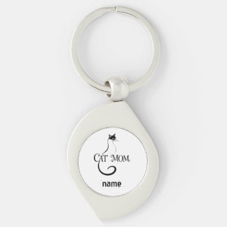 Kattmamma, Elegant minimalistisk svart katt-typogr Swirl Silverfärgad Nyckelring