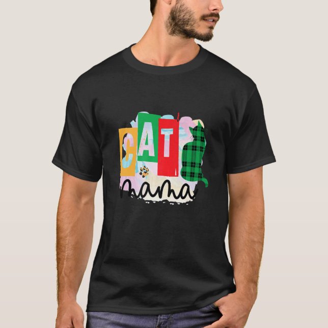Kattmamma Grafisk lapptäcke T Shirt (Framsida)