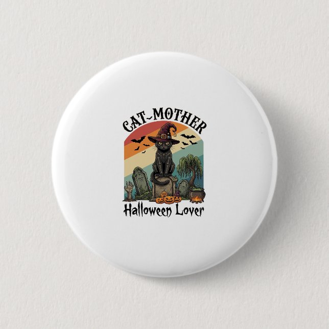 Kattmamma Halloweenälskare Svart häxa hatt Pumpa Knapp (Framsida)