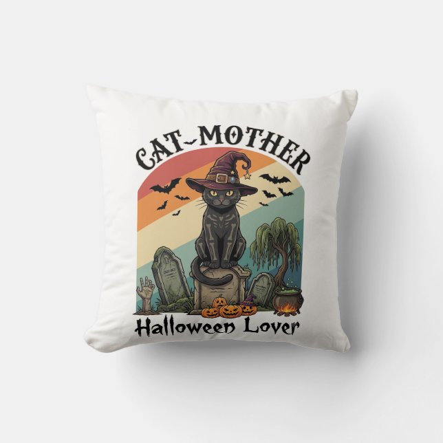 Kattmamma Halloweenälskare Svart Häxa Hatt Pumpa Kudde (Framsida)