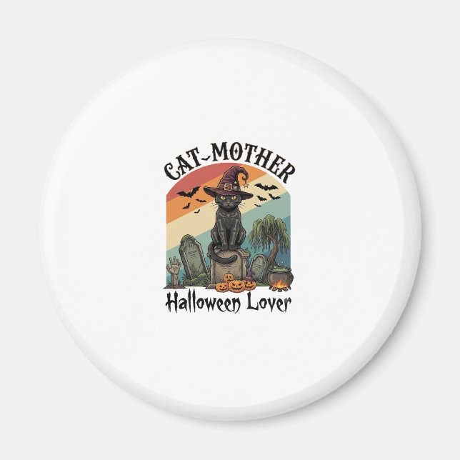 Kattmamma Halloweenälskare Svart Häxa Hatt Pumpa Magnet (Framsidan)
