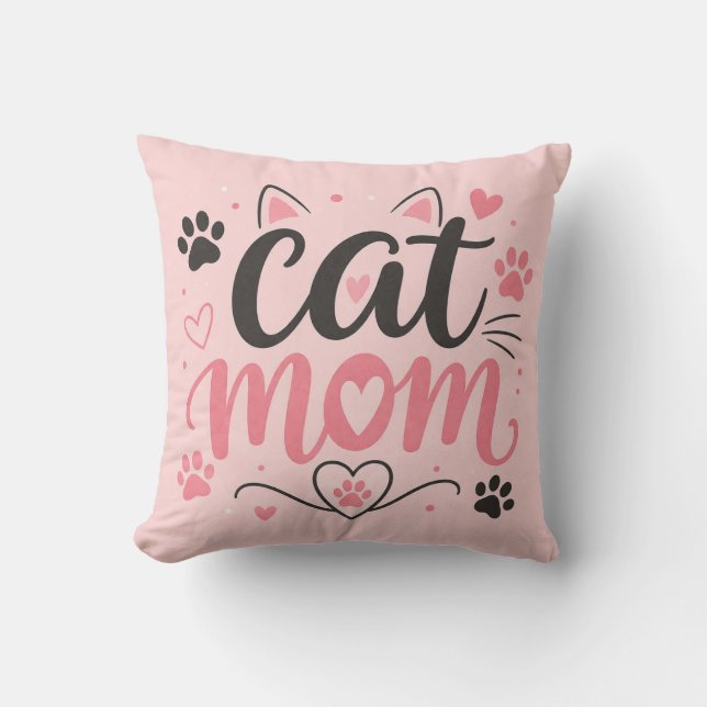 Kattmamma kastkudde - Rosa tassavtryck och hjärtan Kudde (Framsida)