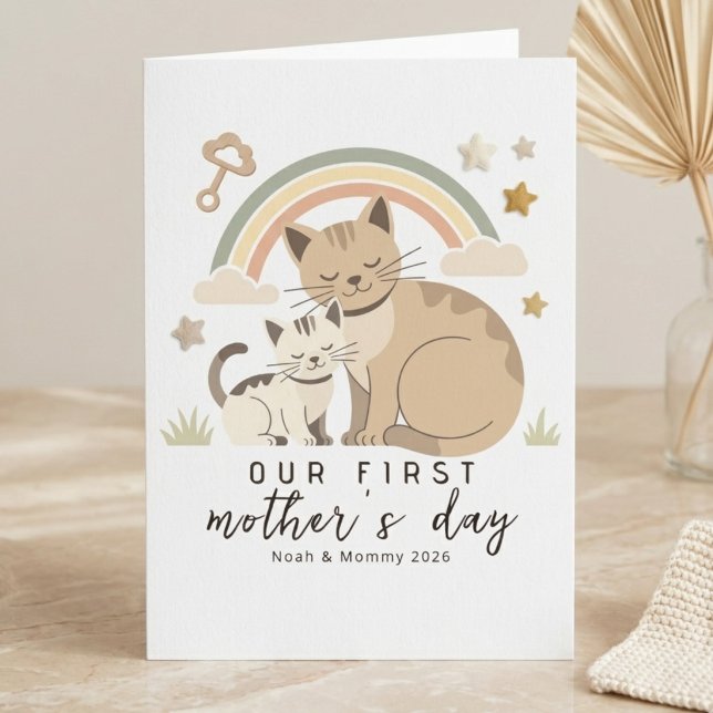 Kattmamma Kittel Första Mors Dag Mjuk Pastell Kort (Skapare uppladdad)