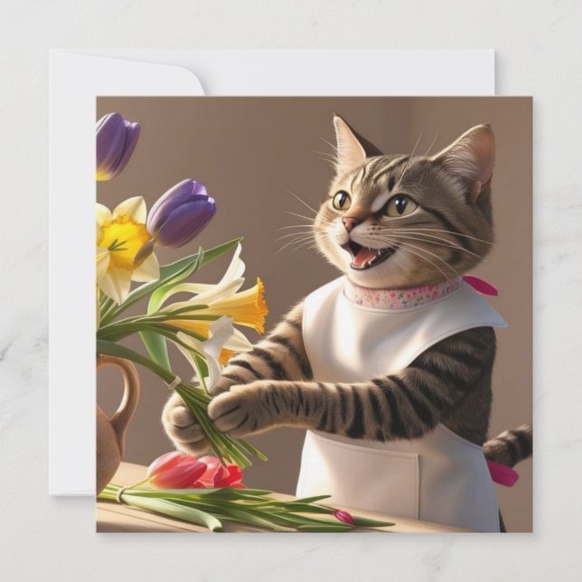 Kattmamma ordnar blommor på mors dag julkort (Framsida)