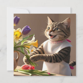 Kattmamma ordnar blommor på mors dag julkort