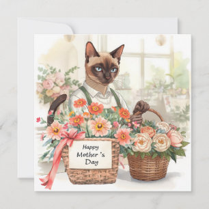 Kattmamma ordnar blommor på mors dag julkort