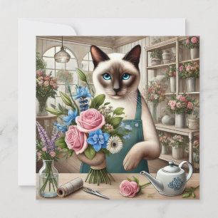 Kattmamma ordnar blommor på mors dag julkort