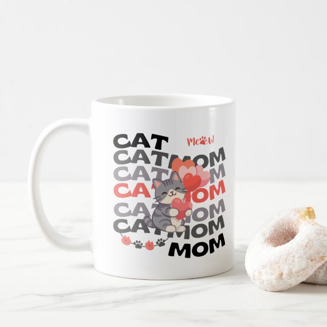 Kattmamma present Söta valphjärtan Anpassat namn Kaffemugg (Med munk)