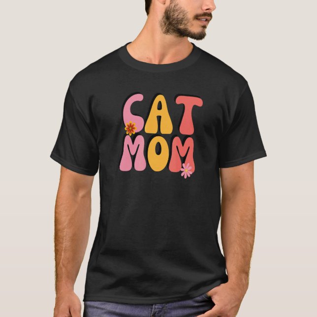 Kattmamma Retro Groovy Blommor T Shirt (Framsida)