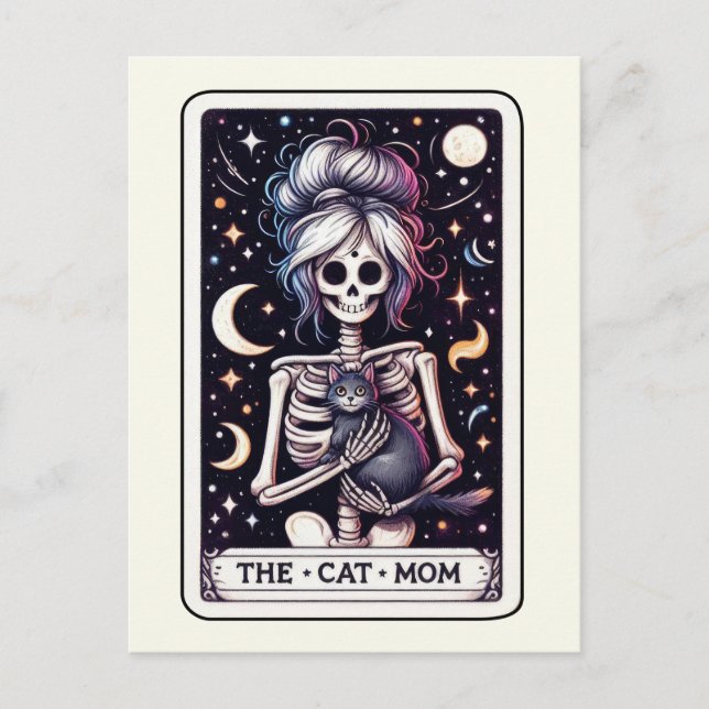 Kattmamma Tarot Konst Häxig Skelett Vykort (Framsida)