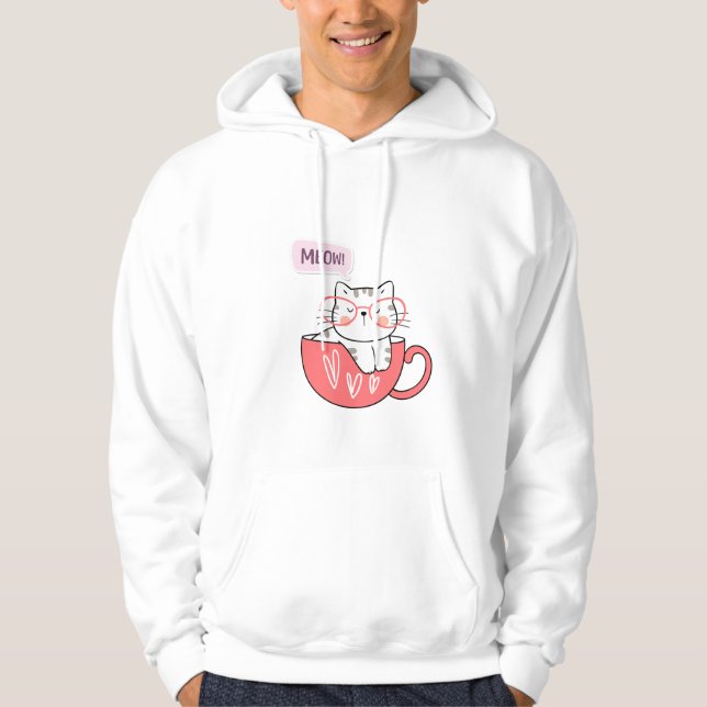 kattmej i kopp hoodie (Framsida)