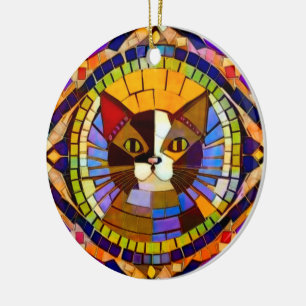 Kattmosaik - färglös Calico - egen text på baksida Julgransprydnad Keramik