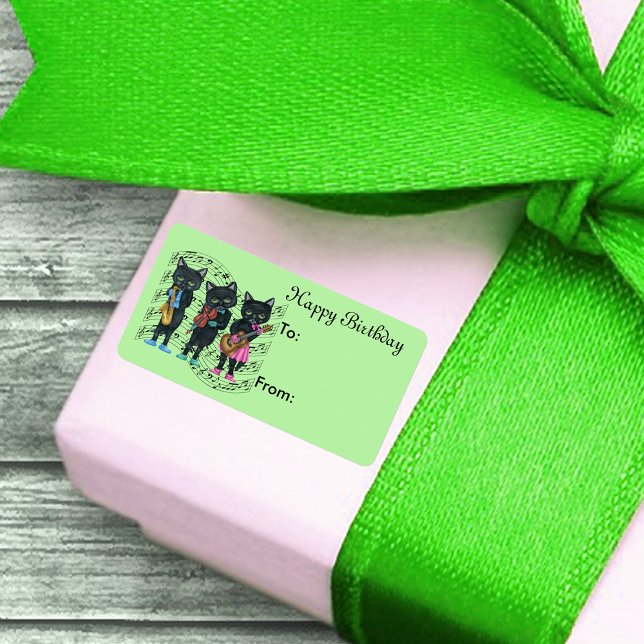 Kattmusiker på musikens hjärta adressetikett (black Cats playing music instruments on bars of music notes on Happy Birthday gift tag labels.)