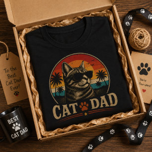 Kattpappa Vintage Retro Solnedgång Tropisk Strand T Shirt