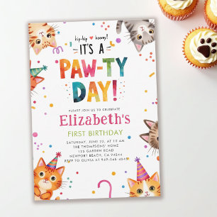 Kattparty Kullar Färgglad Whimsical 1-årsfest Inbjudningar