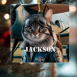 Kattpilot Flygplan Rolig Aviation Jul Anpassad Julgransprydnad Keramik