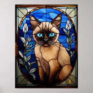Kattporträtt i glasmosaik av siames med blå ögon poster