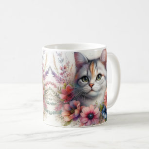 Kattporträtt med randigt katt och blommor kaffemugg