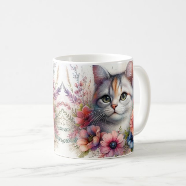 Kattporträtt med randigt katt och blommor   kaffemugg (Framsida höger)