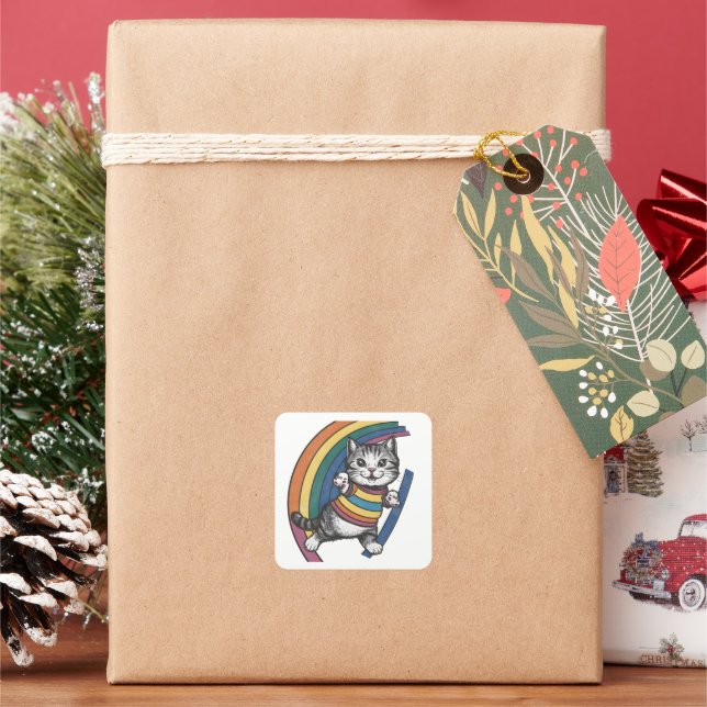 Kattregnbåge Fyrkantigt Klistermärke (Semester)