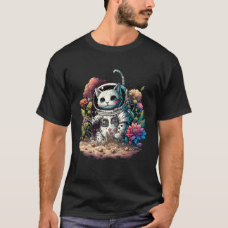 Kattrymd Kat Astronaut Med Blommor Katt Grafisk T Shirt