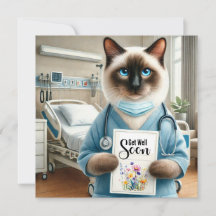 Kattsjuksköterska med blomma och Snart frisk-kort