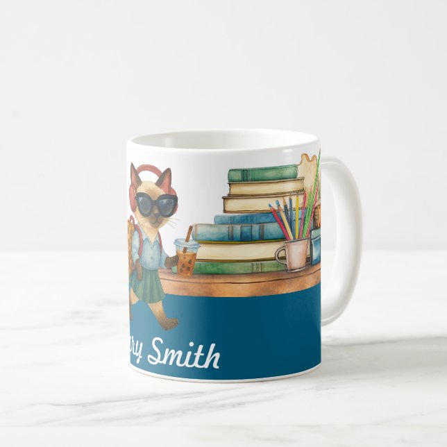 Kattstudent Tillbaka till skolan  Hörlurar bubbelt Kaffemugg (Framsida höger)
