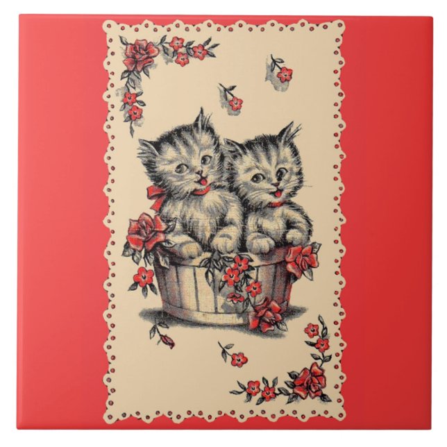 Kattungar i en blomma i basket kakelplatta (Framsidan)