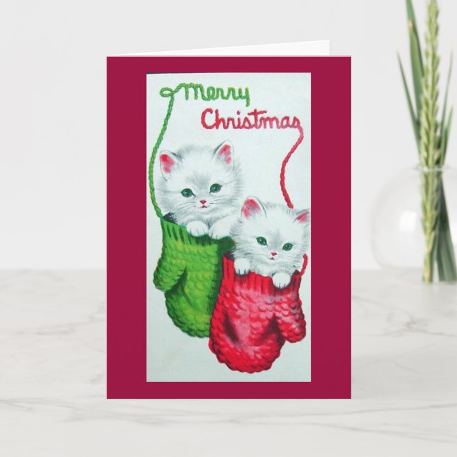 Kattungar i handskar God Jul Helgkort (Framsida)