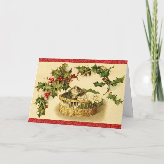 Kattungar mysigt julen  Återställd vintage Helgkort (Framsida)