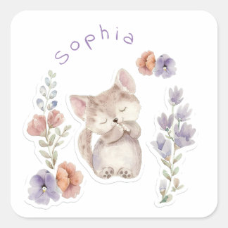 Kattungar och blommor, personlig fyrkantigt klistermärke