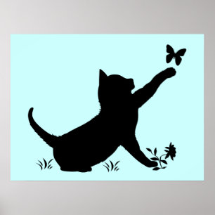 Kattungar som leker med fjärilar i Silhouettes Poster