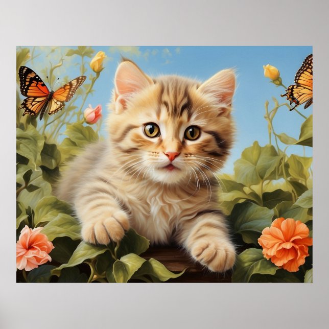 *~* Kattunge 5:4 Kitten Butterfly Flowers AP68 Poster (Framsidan)