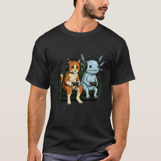 Kattunge & Axolotl Video Spel Aliens Spelande Pojk T Shirt