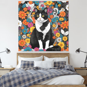Kattunge bland blommorna canvastryck