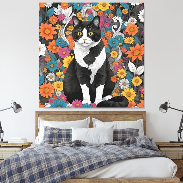 Kattunge bland blommorna canvastryck (Insitu (sovrum))