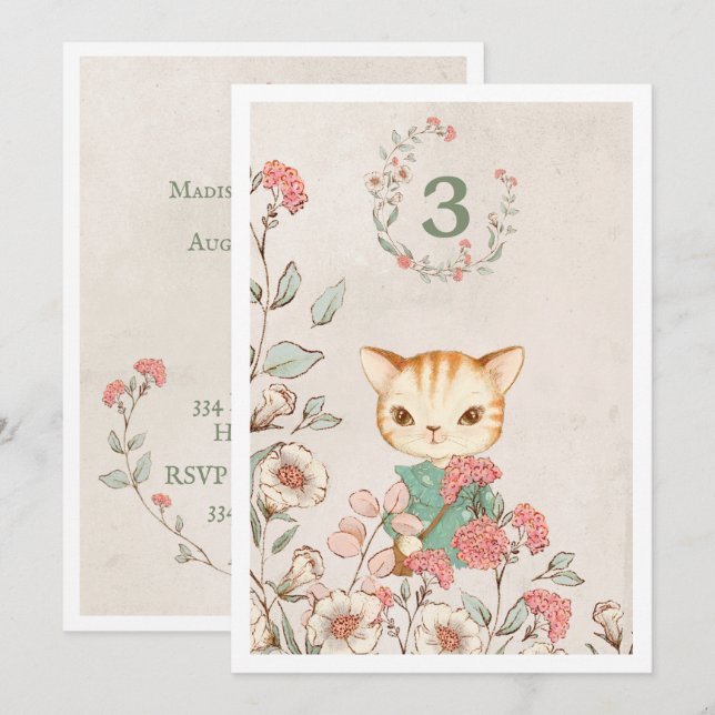 Kattunge Blommigt Girly Kitten 3:e födelsedagen Inbjudningar (Fram/baksida)